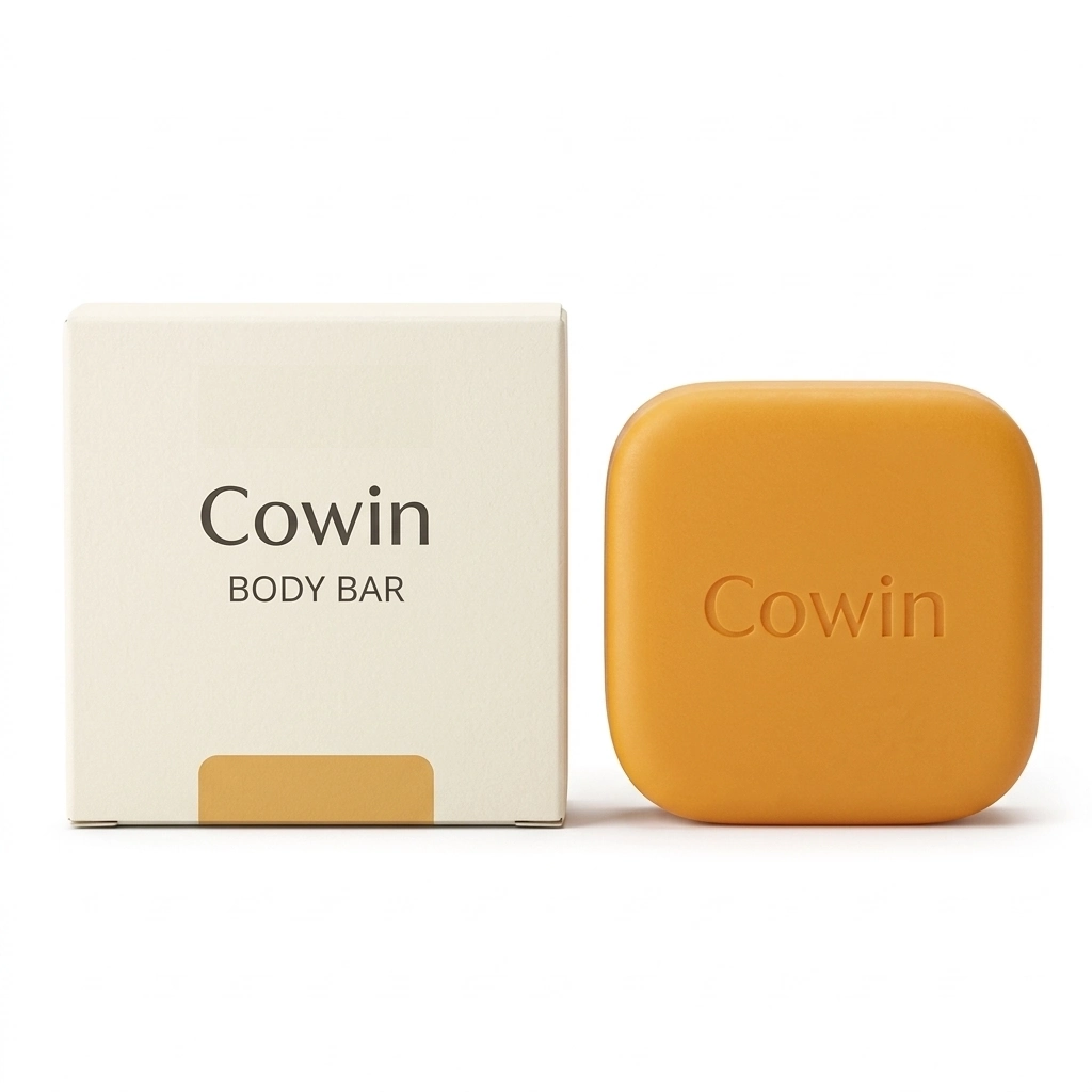 Cowin golden rounded rectangular body bar beside a cream carton
