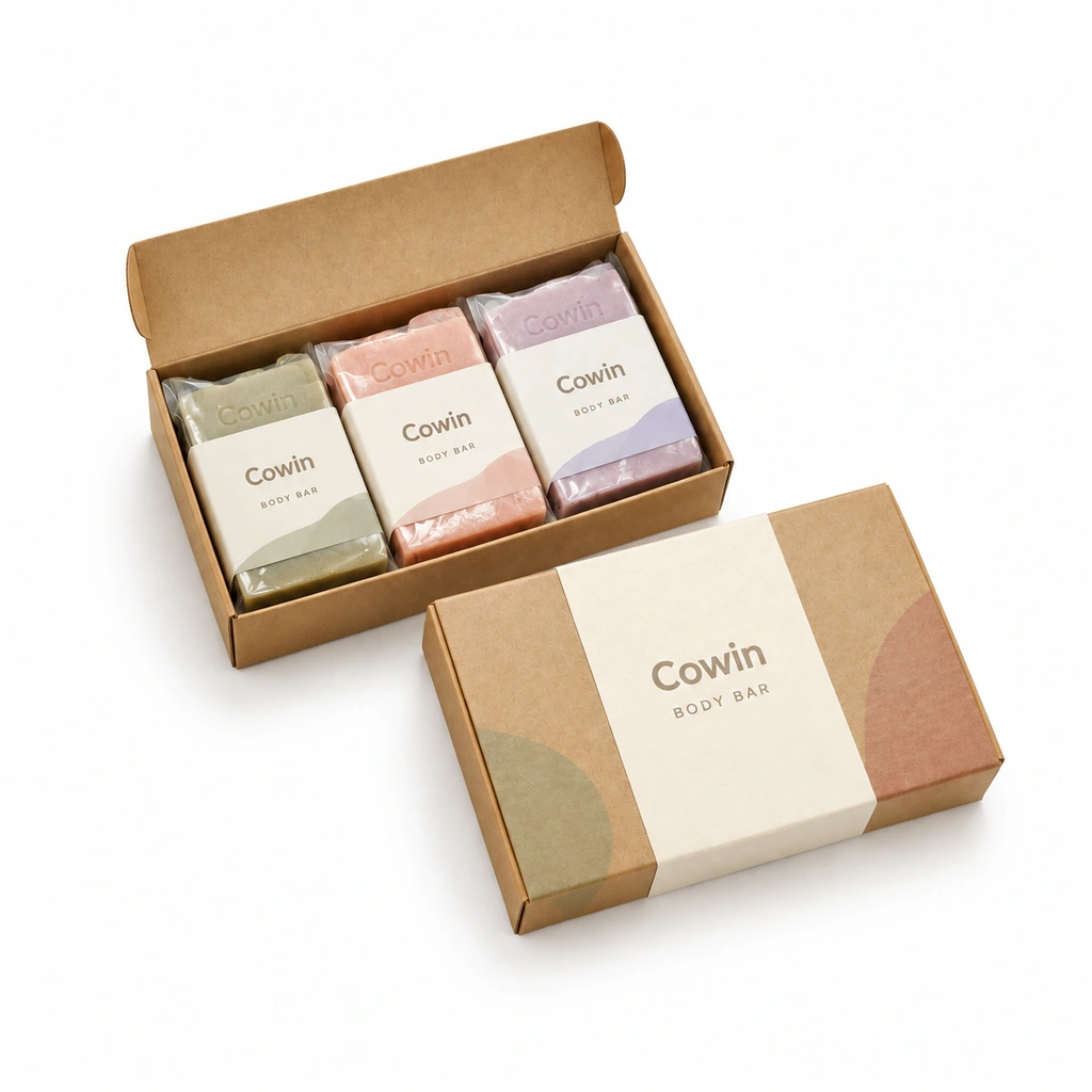 Cowin pastel soap bars arranged in a divided kraft gift box