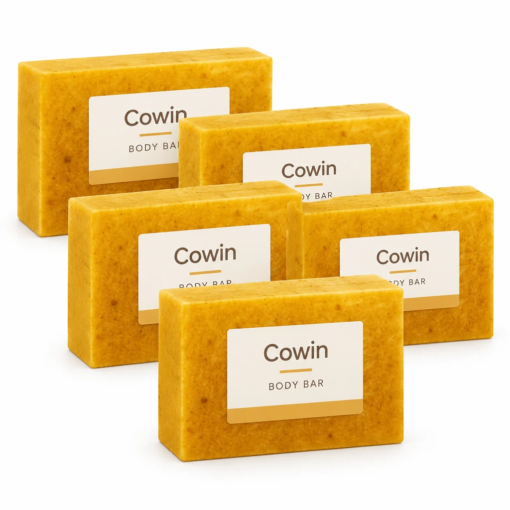 Cowin golden rectangular soap bars arranged with printed sleeves
