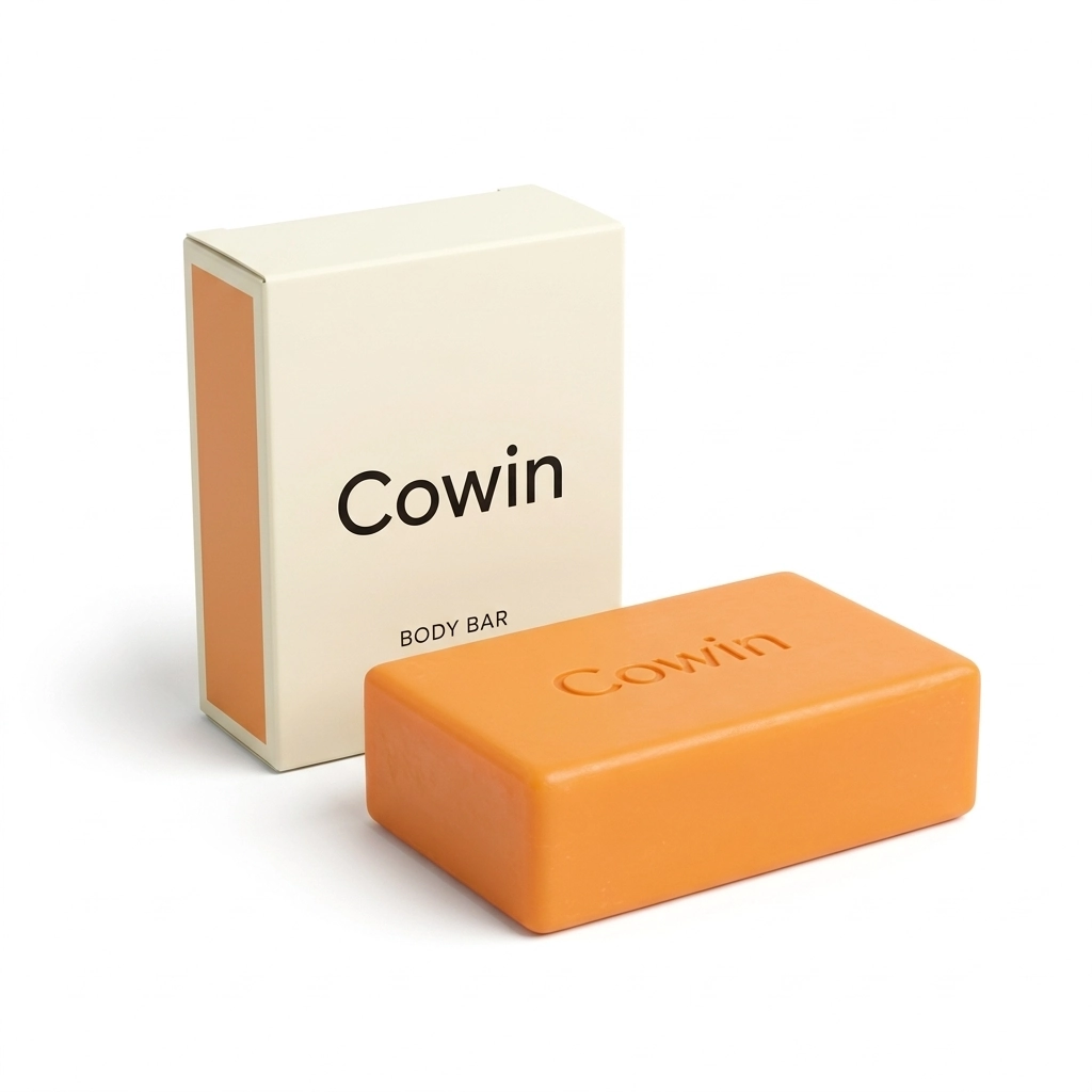 Cowin orange rectangular body bar beside a standing carton