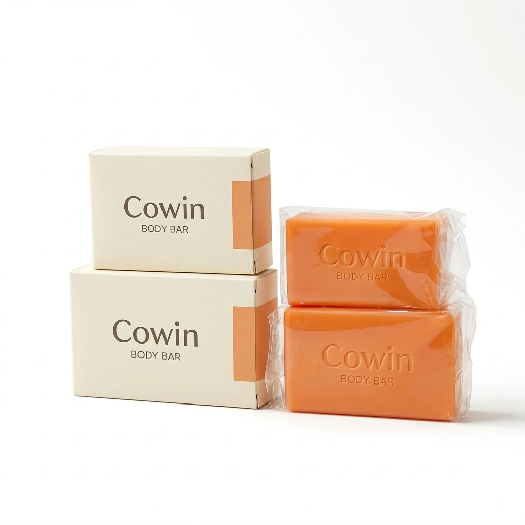 Cowin orange wrapped soap bars arranged with cream cartons