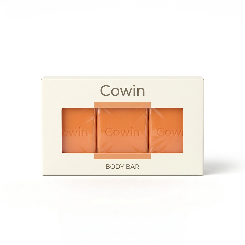 Cowin orange soap bars visible through a window carton