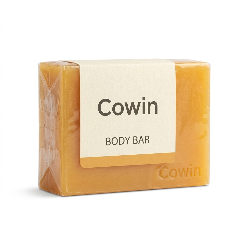 Cowin golden rectangular body bar in a clear printed wrapper