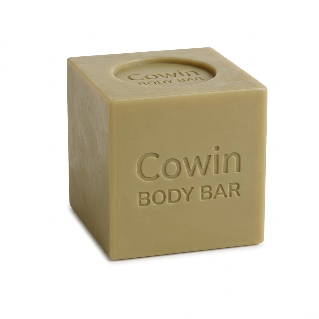 Cowin olive cube-shaped soap with an embossed top
