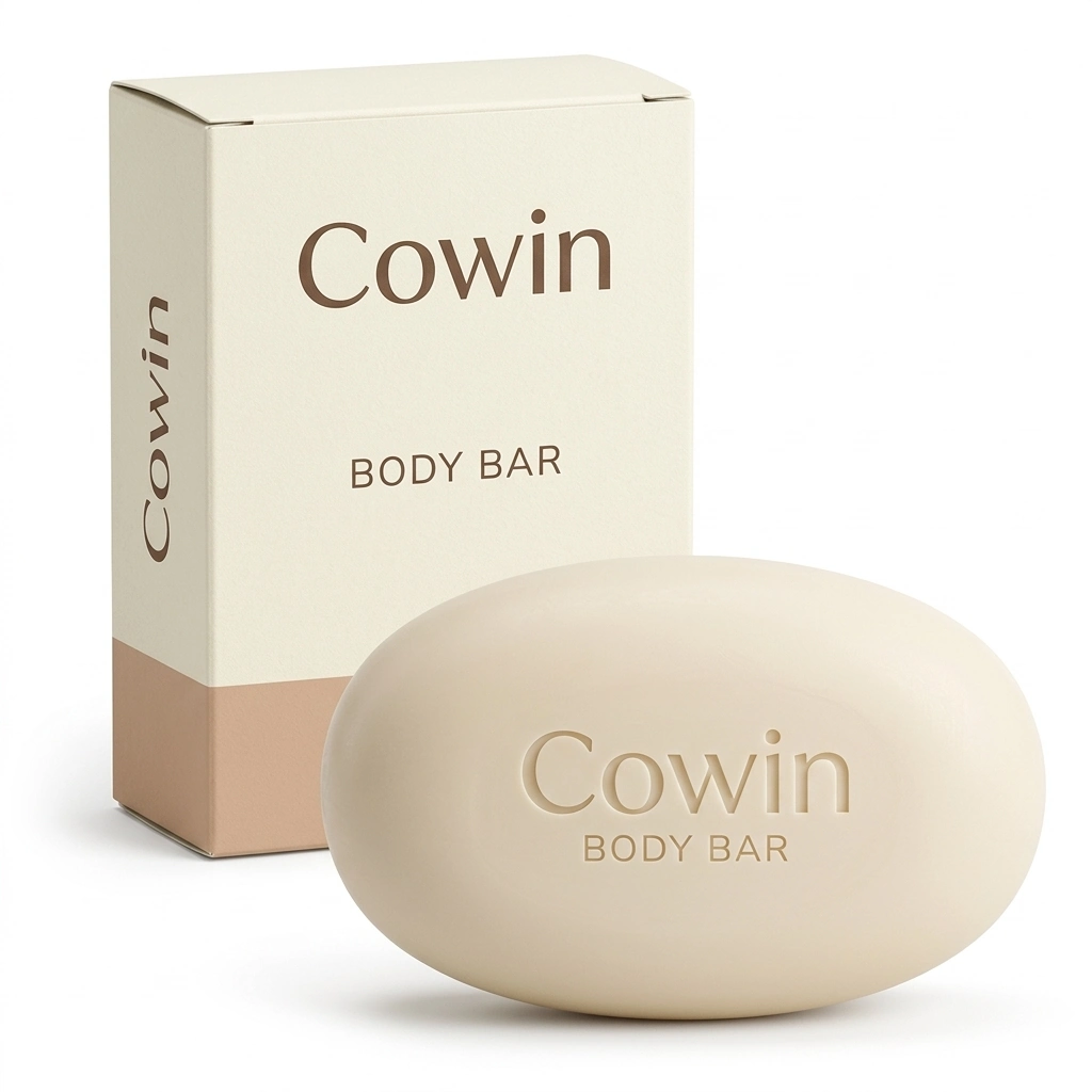 Cowin cream oval body bar beside a tall cream carton